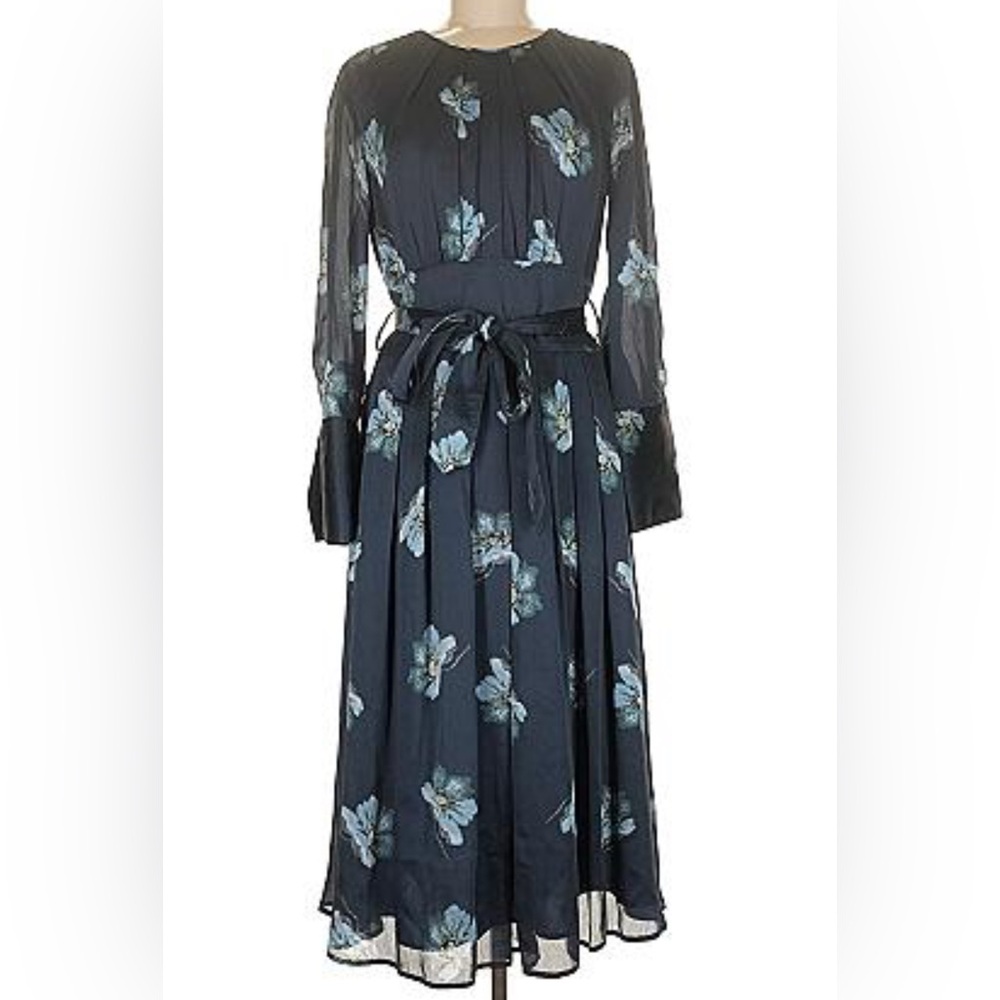 Women's Navy Floral Midi Dress with Tie Waist